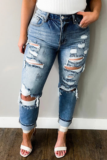 Sky Blue Plus Size Distressed Slit Vintage Jeans